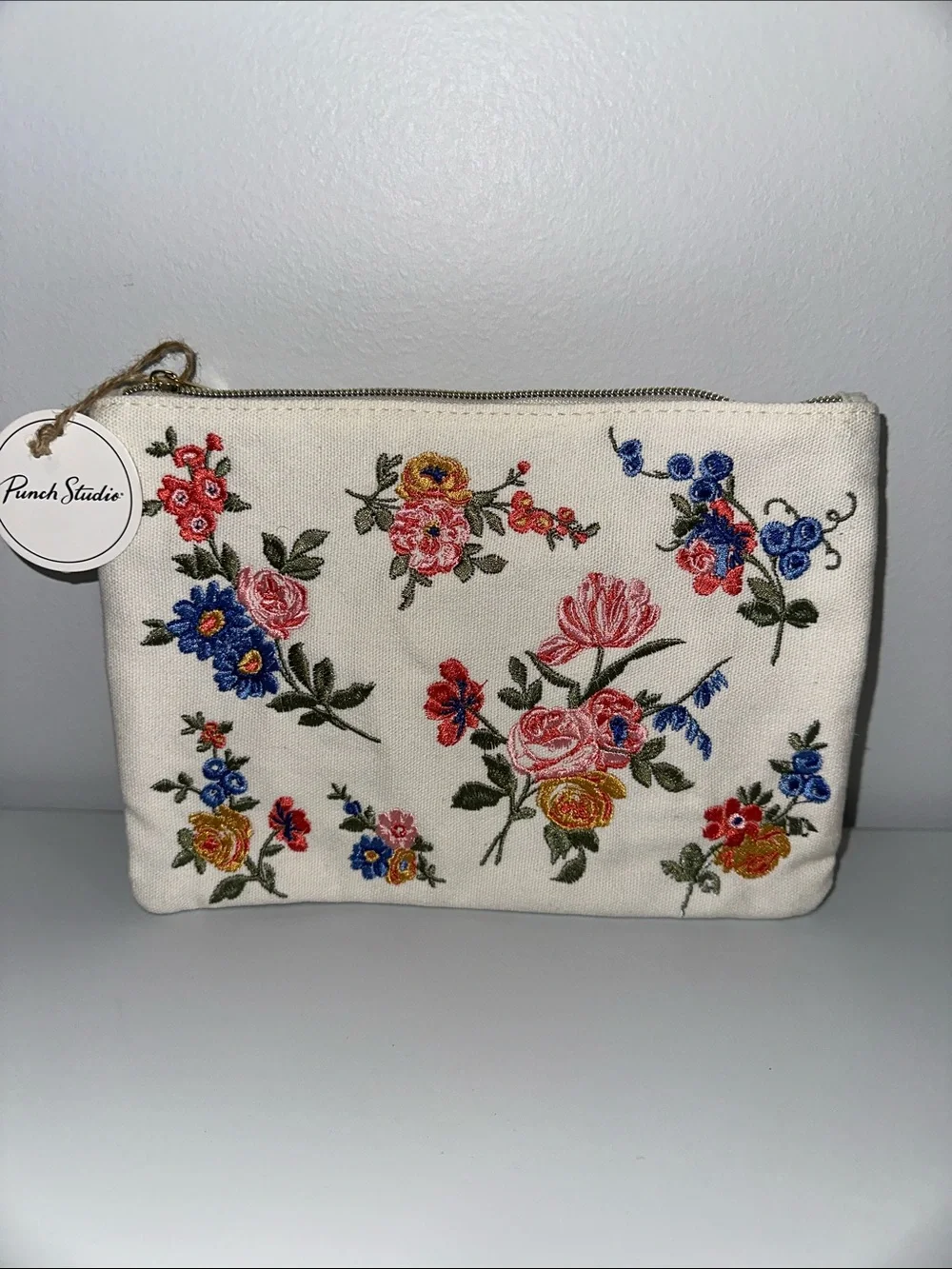 Punch Studio Ivory Muti Delicate Embroidered Floral Canvas Gold Tone Zip Pouch